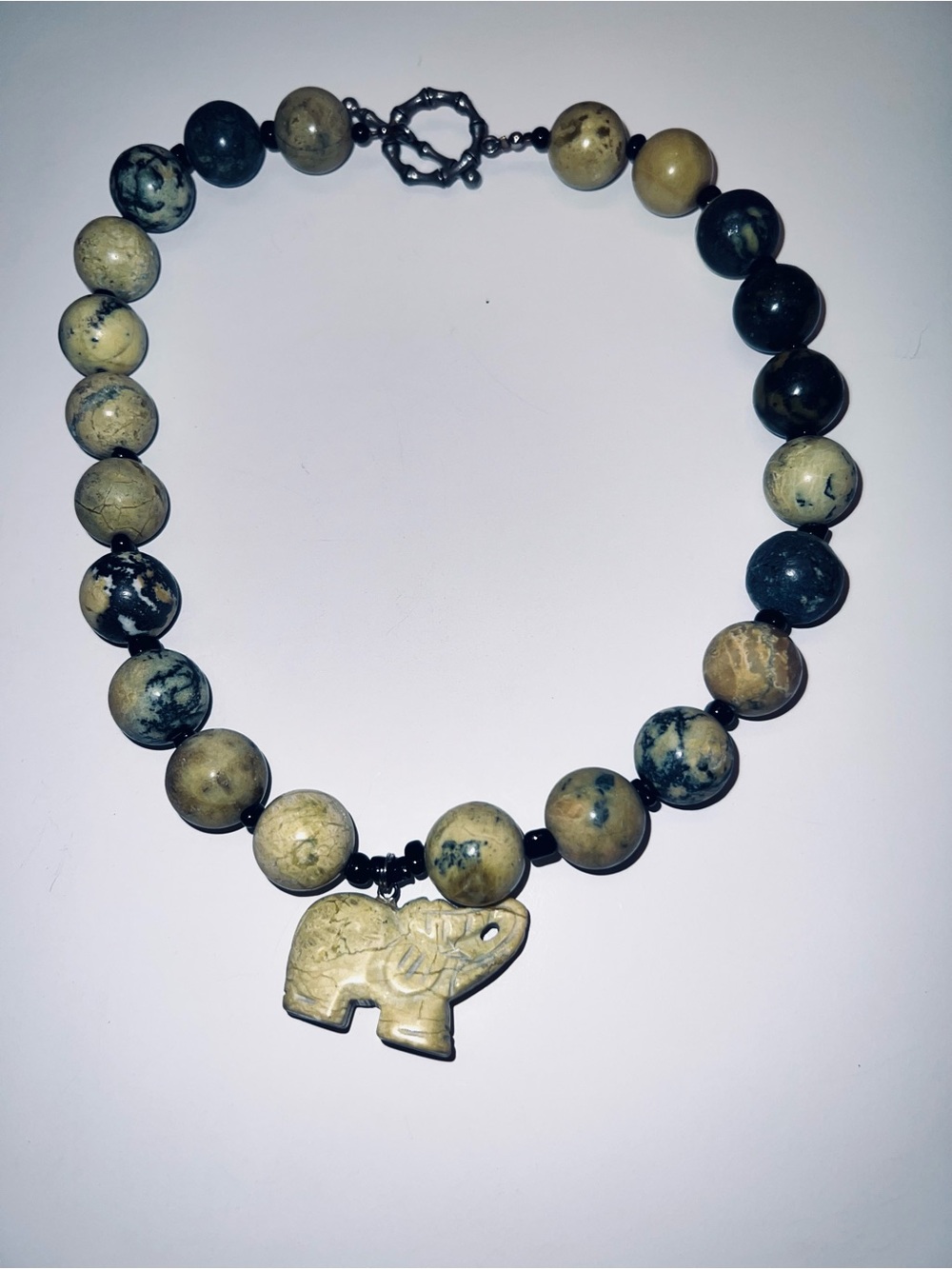 Beige and Olive Serpentine Bead Necklace with Elephant Pendant